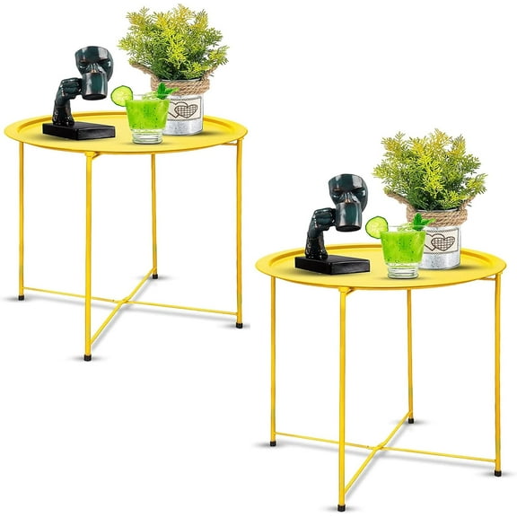 Folding Tray Metal Side Table 2PC Yellow Round End Table Cyan Sofa Small Accent Fold-able Table, Round End Table Tray, Next to Sofa Table, Snack Table for Living Room and Bed Room