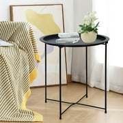 Folding Tray Metal Side Table Round End Table, Black Sofa Small Accent Fold-able Table, Round End Table Tray, Next to Sofa Table, Snack Table for Living Room and Bed Room Garden 4 you