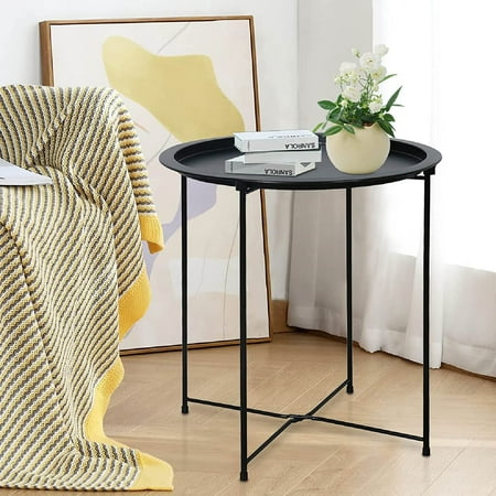 Folding Tray Metal Side Table Round End Table, Black Sofa Small Accent Fold-able Table, Round End Table Tray, Next to Sofa Table, Snack Table for Living Room and Bed Room Garden 4 you