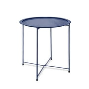Folding Tray Metal Side Table Round End Table,Dark Blue Sofa Small Accent Fold-able Table, Round End Table Tray, Next to