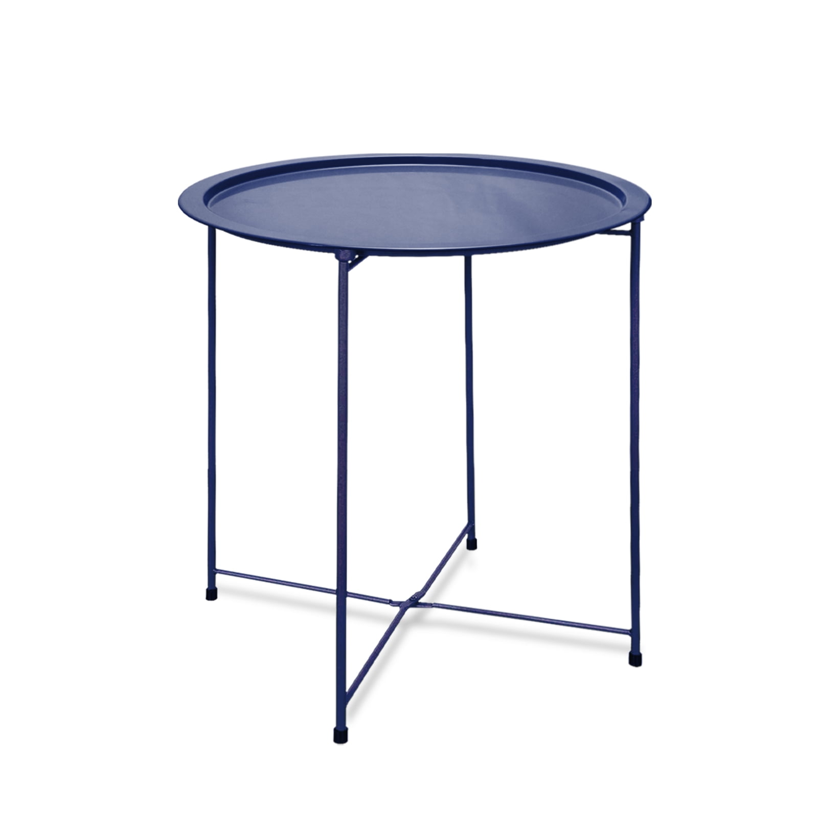 Folding Tray Metal Side Table Round End Table,Dark Blue Sofa Small