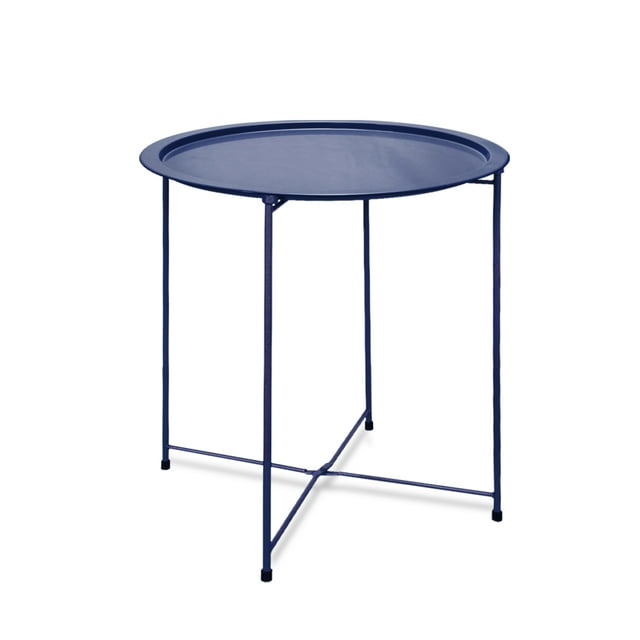Folding Tray Metal Side Table Round End Table,Dark Blue Sofa Small Accent Fold-able Table, Round End Table Tray, Next to Sofa Table, Snack Table for Living Room and Bed Room