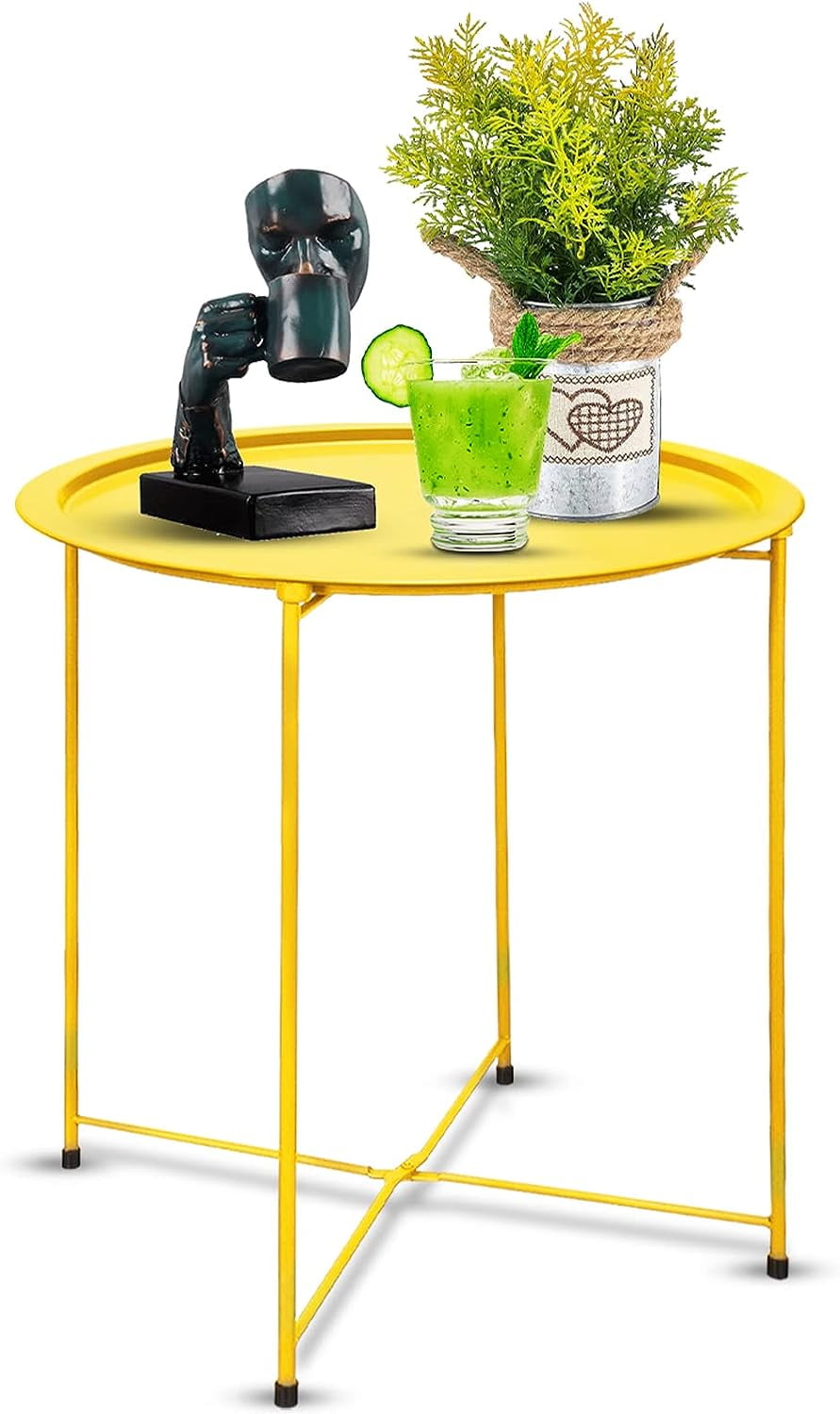 Folding Tray Metal Side Table Yellow Round End Table Cyan Sofa Small Accent Fold-able Table, Round End Table Tray, Next to Sofa Table, Snack Table for Living Room and Bed Room
