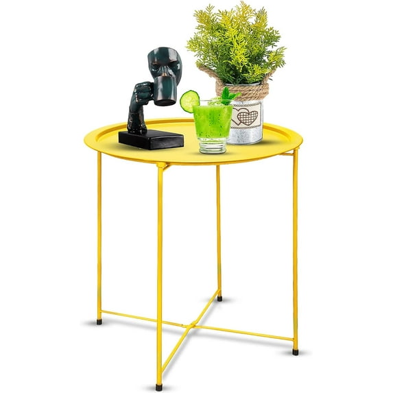 Folding Tray Metal Side Table Yellow Round End Table Cyan Sofa Small Accent Fold-able Table, Round End Table Tray, Next to Sofa Table, Snack Table for Living Room and Bed Room
