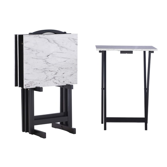 Folding Tray Table Set With Stand, White Faux Marble Top, 4 Tables