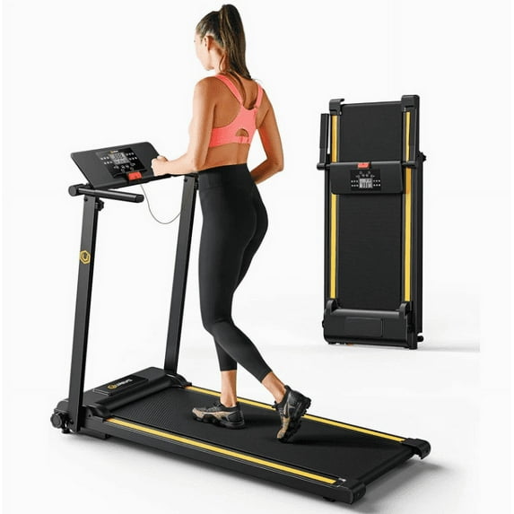 Folding Treadmill, 2.25HP Foldable Treadmill with 12 HIIT Modes, Compact Mini Treadmill for Home Office, Space Saving Small Treadmill with Large Running Area, LCD Display, Easy to Fold