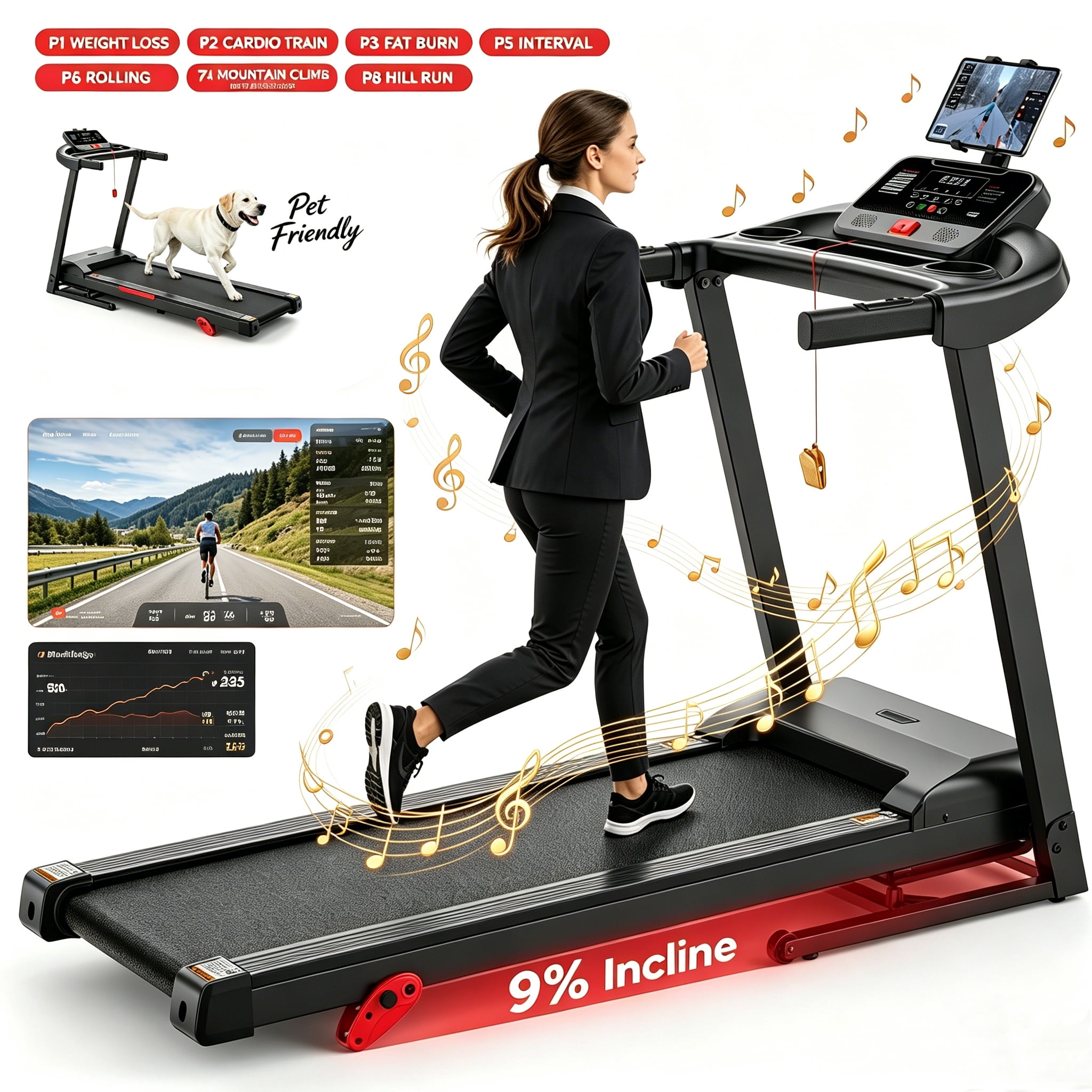 Folding Treadmill, 3.0HP Quiet Foldable Treadmill for Home,Running Treadmill with LED Display for Exercise with 3-Level Incline, LED Display, Bluetooth Speaker & FitShow App, Shock-Absorbing