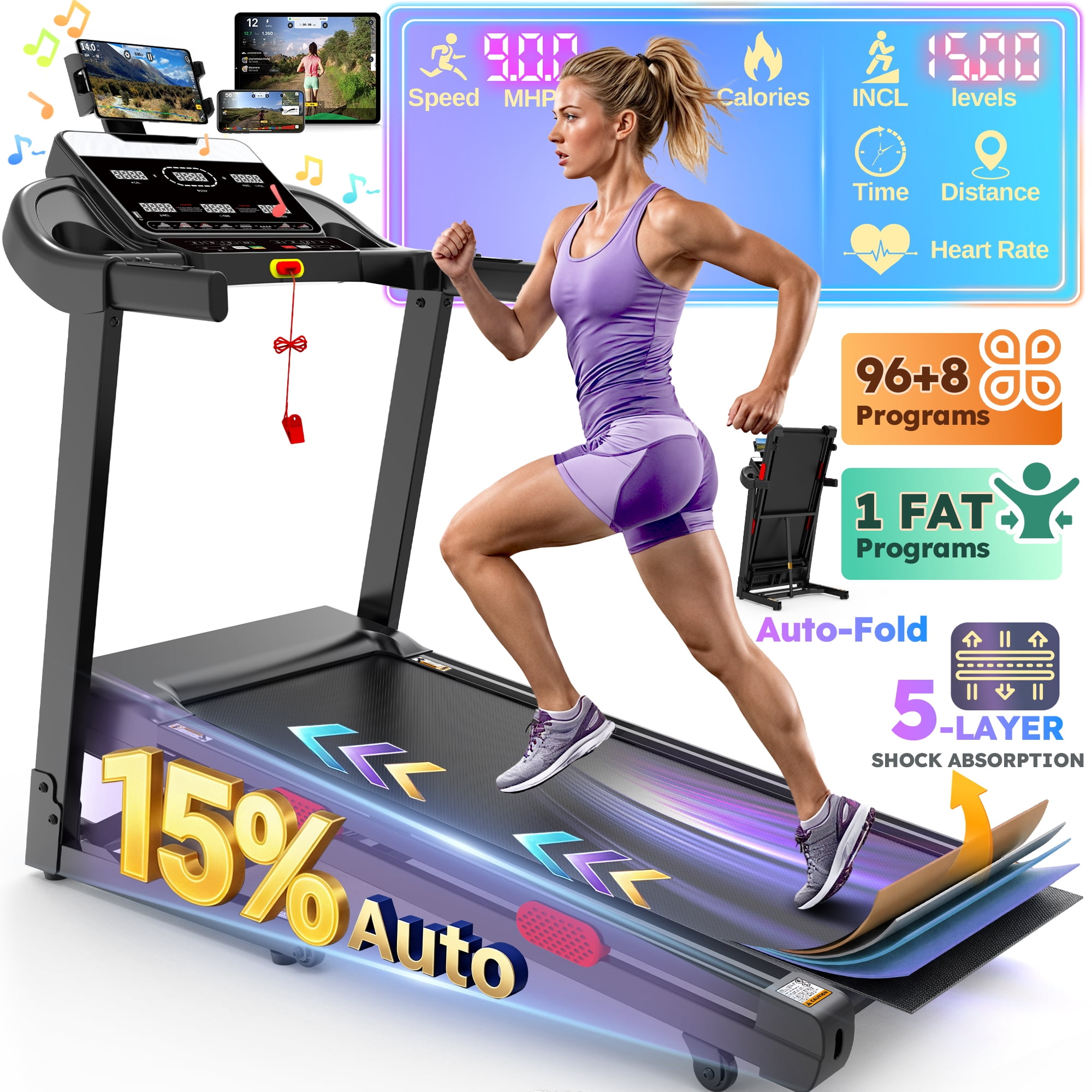 Folding Treadmill with Auto Incline, 3.85 HP Motor, 0.6–9 MPH Speed Range, 300 lb Capacity, 105 Workout Programs, Bluetooth App Control, LED Display