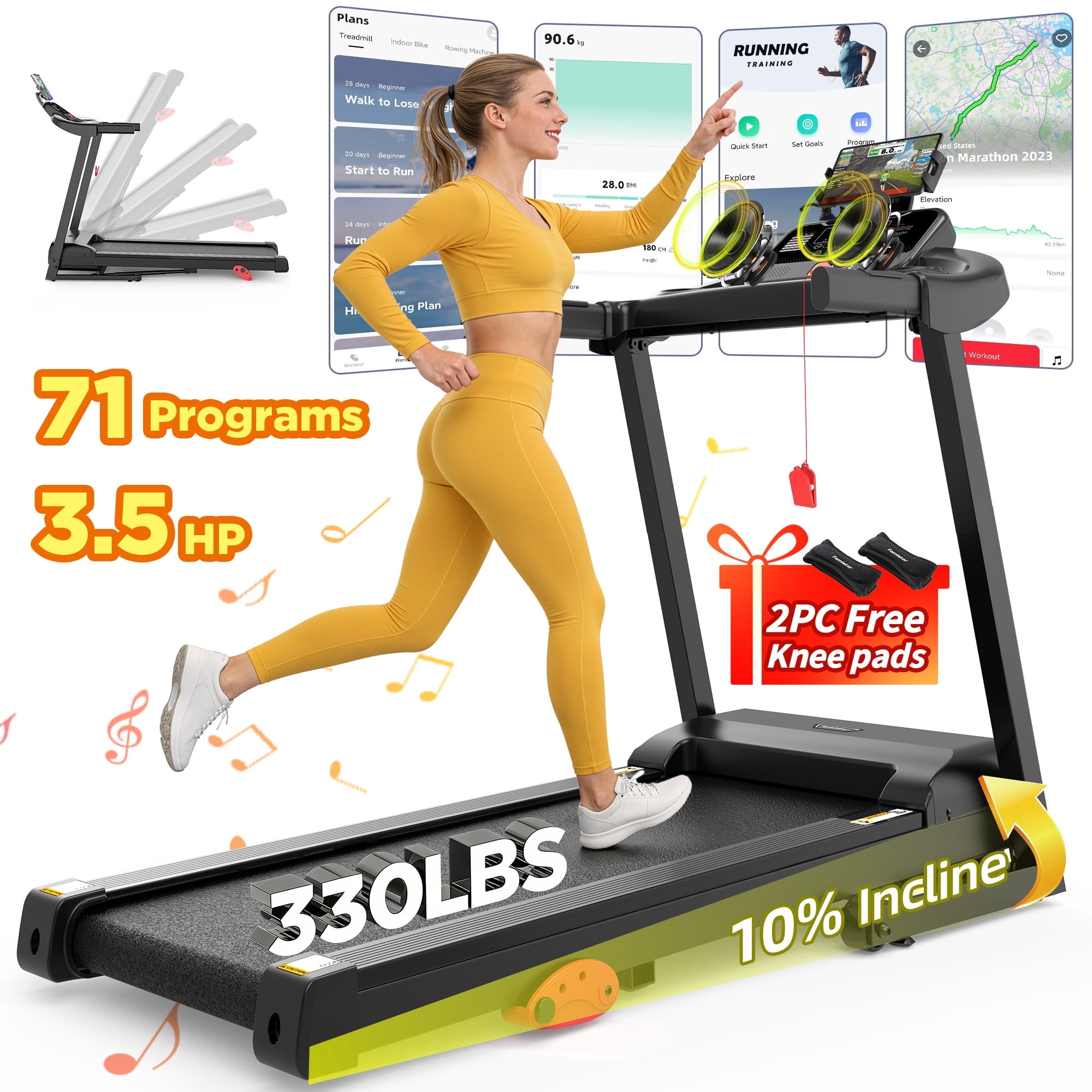 Folding Treadmill 300LBS with 3-level Incline for Home/Office, 3.5HP Portable Treadmill with Bluetooth, App Control &amp; Free Courses, 71 Program, LED Display, Running Jogging Walking Exercise Machine