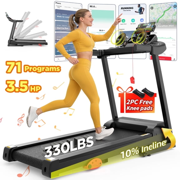 Folding Treadmill 300LBS with 3-level Incline for Home/Office, 3.5HP Portable Treadmill with Bluetooth, App Control & Free Courses, 71 Program, LED Display, Running Jogging Walking Exercise Machine