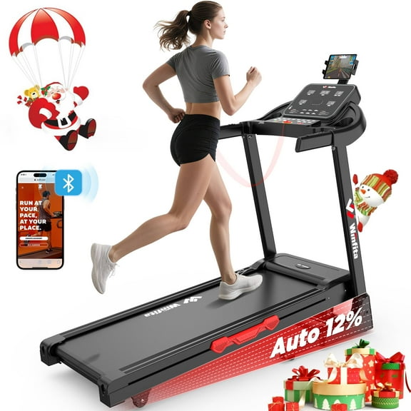 3.5HP Folding Treadmill 300lb Capacity, 12 Levels Auto Incline Treadmills for Home Running Walking Max 8MPH Speed Foldable EleTreadmill Running Machine with APP & Bluetooth, Adjustable Tablet Holder