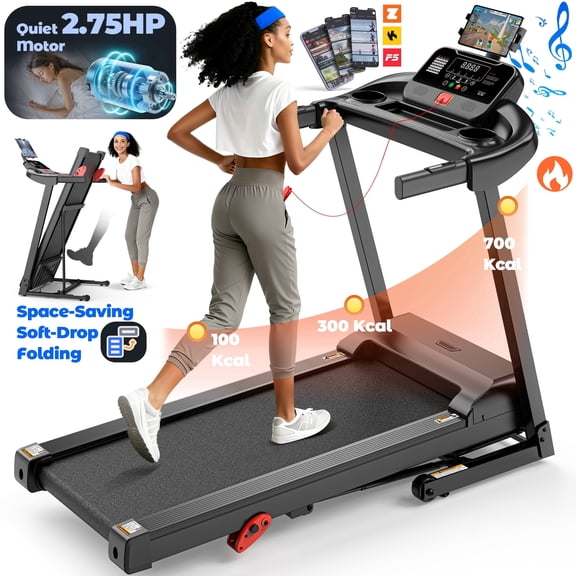 Folding Treadmill 300lbs Capacity for Home Gym, 2.75HP Silent Powerful Motor, Home Exercise Treadmill, Free APP Control, 64+3+3+1 Preset Programs, 3 Manual Levels