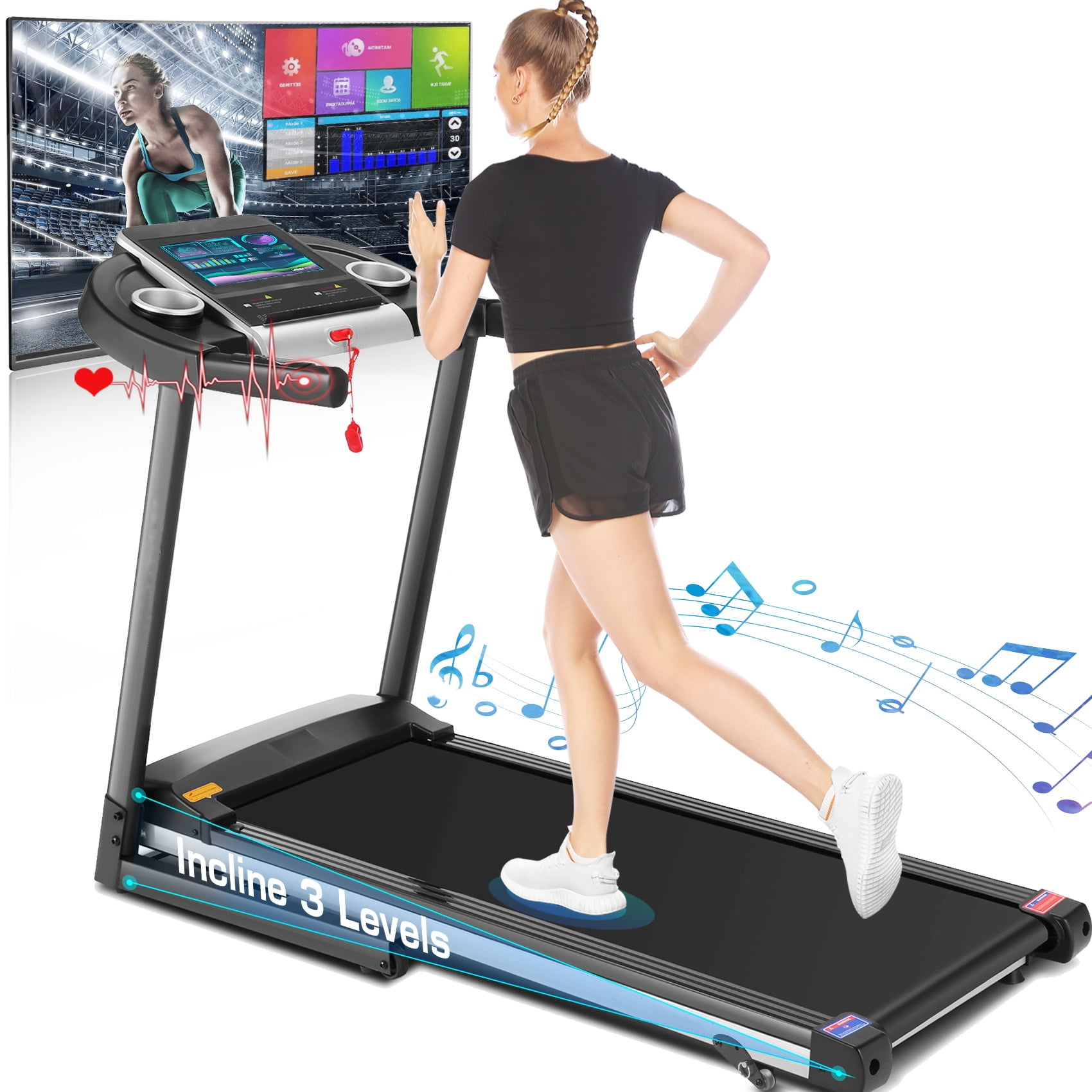 Folding Treadmill with 3D Virtual Sports Scene and 10" HD TV Movie