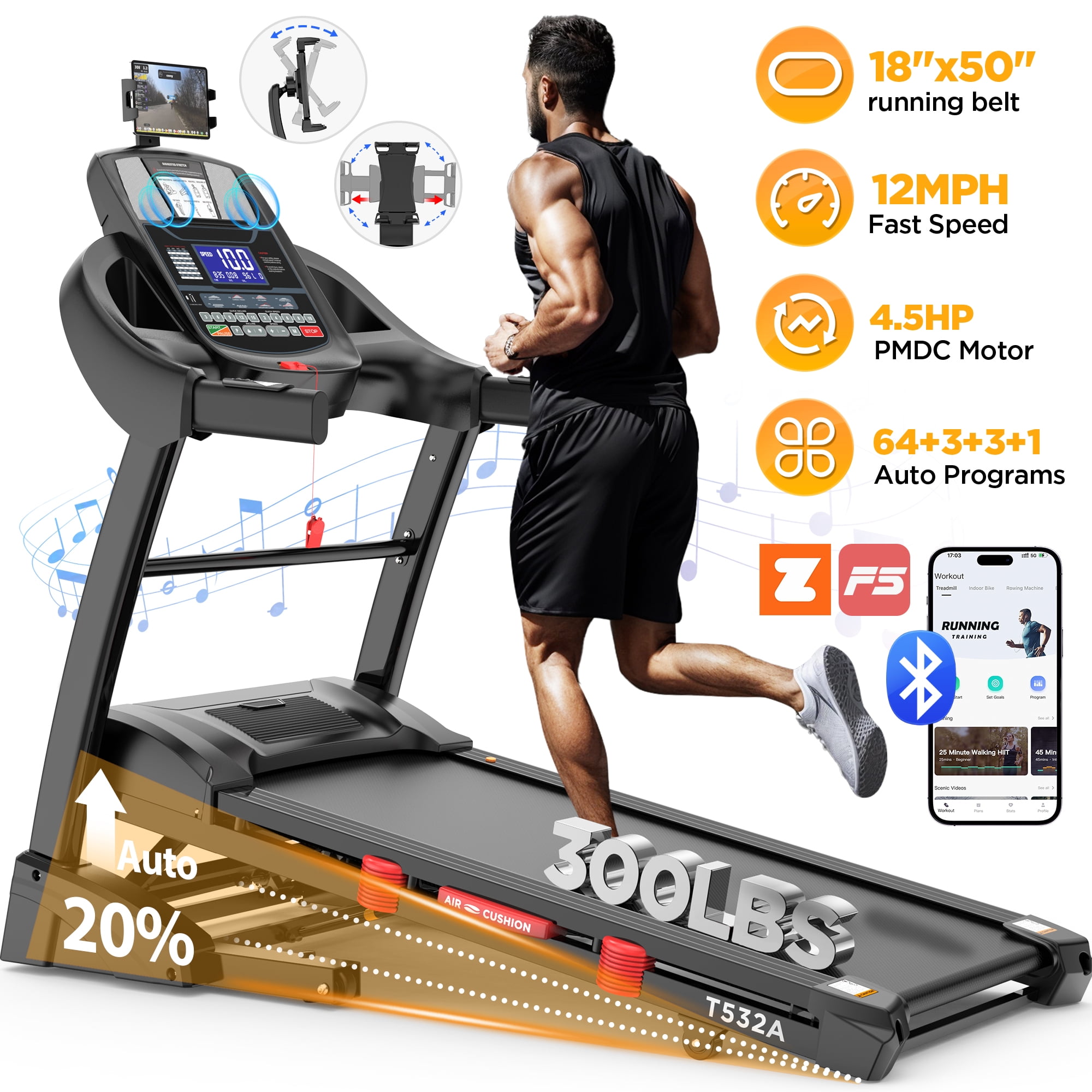 Treadmill 300 lb Capacity, 4.5 HP Folding Treadmill with Incline, Treadmills for Home, Electric Walking Exercise Machine Running Treadmill for Home Gym