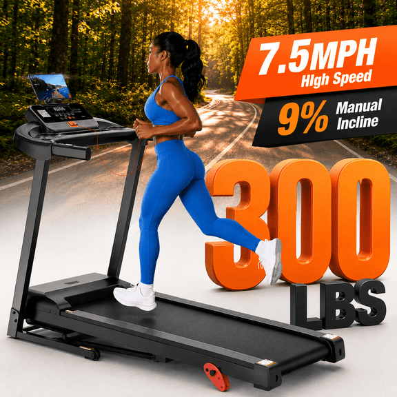 Folding Treadmill for Home, 3.5HP Quiet Motor, 0.67.5 MPH, 9% Manual Incline, 300LB Capacity, Smart App Compatible, Compact Walking & Running Machine for Small Space