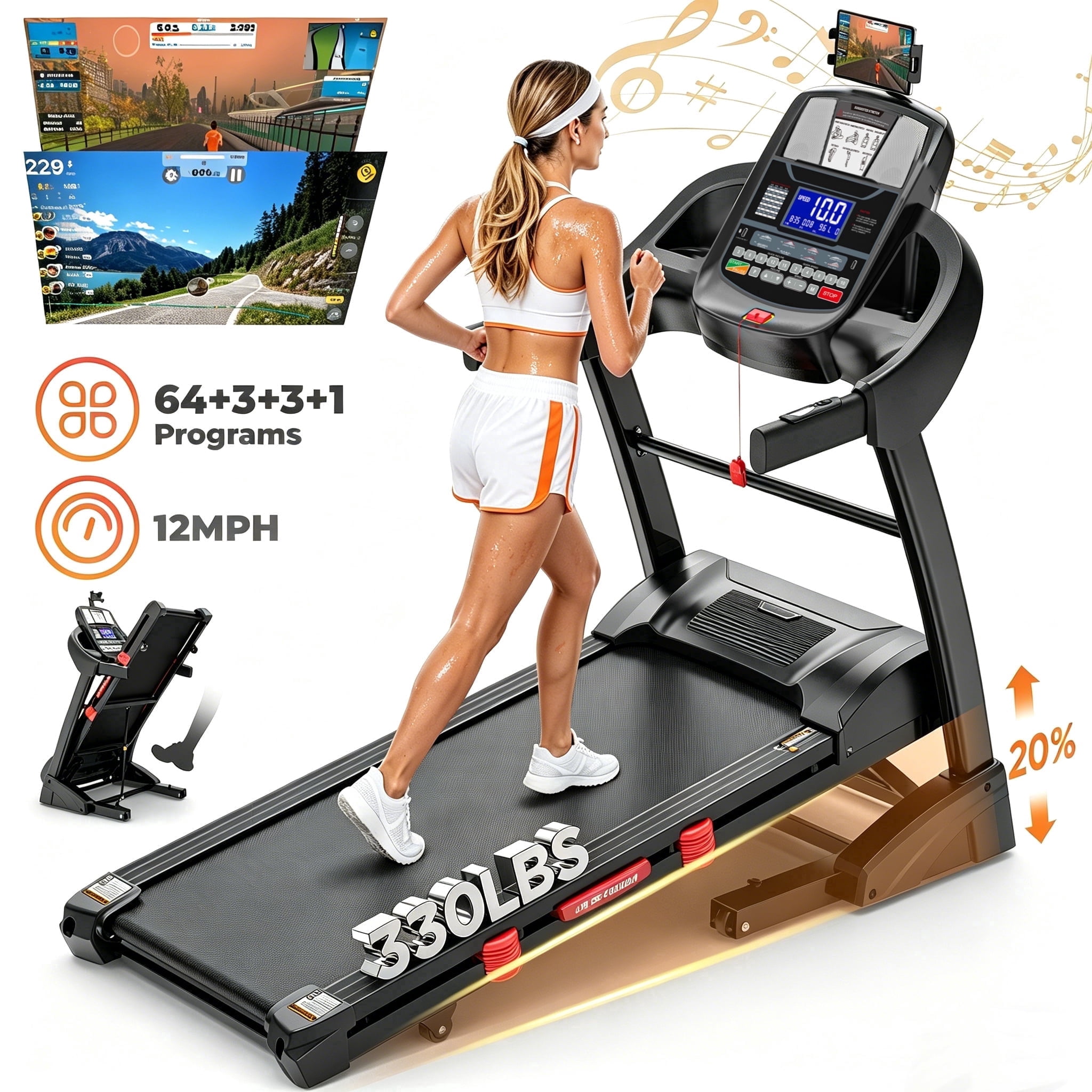 Folding Treadmill for Home with 20% Auto Incline, 5HP Motor, 300 lb Capacity, 12MPH Speed, 71 Programs, Bluetooth, FREE APP Control, Adjustable Tablet Holder, Shock Absorption Deck, Knee Strap Gift