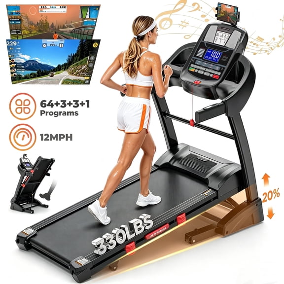 12MPH Folding Treadmill for Home with 20% Auto Incline, 5.1HP Motor, Treadmill 300 lb Capacity, 71 Programs, Bluetooth, Free APP Control,Tablet Holder, Shock Absorption Deck, Knee Strap Gift