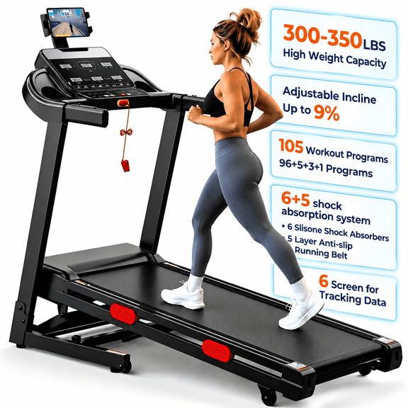 Folding Treadmill for Home, 3.8 HP Incline Treadmill with 330 LBS Capacity, Compact Treadmill with 105 Workout Programs, Bluetooth Speakers, Quiet Motor, Walking Running Machine