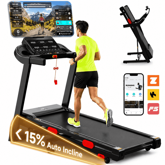 3.9HP Brushless Motor Treadmill for Home, Folding Treadmill with Incline, 0.6-9 MPH Walking Treadmill, 15% Auto Incline, 105 Programs, 300 lbs Capacity Portable Exercise Treadmill