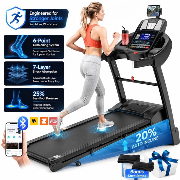 Folding Treadmill for Home with 5.1HP Motor, 20% Adjustable Incline, APP Control, 71 Programs, LCD Display, Treadmill 300 lbs Capacity, Bluetooth Speakers, Running Walking Jogging, Knee Straps Gift