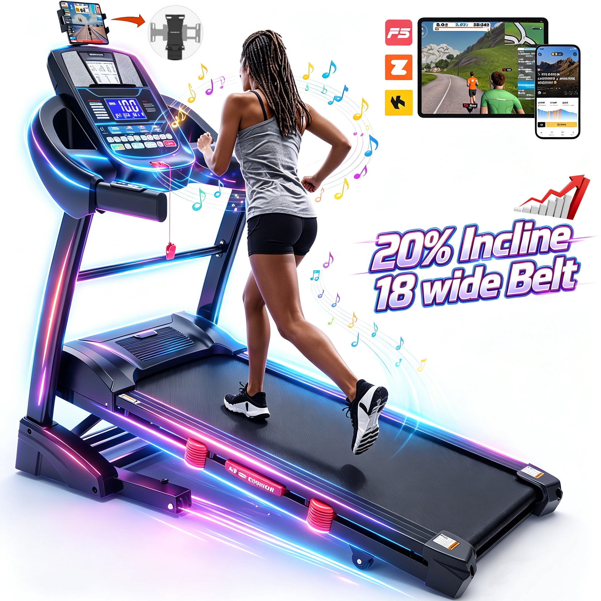 Folding Treadmill for Home–5HP Motor, 20-Level Auto Incline, 71 Programs, Free Courses & APP & Bluetooth, LCD Display, 18"×50" Cushioned Deck, 330 lbs Capacity, Jogging walking, Knee Straps Bonus