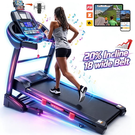 Folding Treadmill for Home5HP Motor, 20-Level Auto Incline, 71 Programs, Free Courses & APP & Bluetooth, LCD Display, 18"50" Cushioned Deck, 330 lbs Capacity, Jogging walking, Knee Straps Bonus