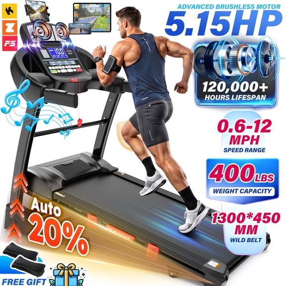 Folding Treadmill for Home, 5HP Brushless Motor, 400lbs Capacity Treadmill with 20% Auto Incline, 12 MPH Speed, 51" x 18" Wide Belt, Hydraulic Folding Exercise Equipment for Walking Jogging Running