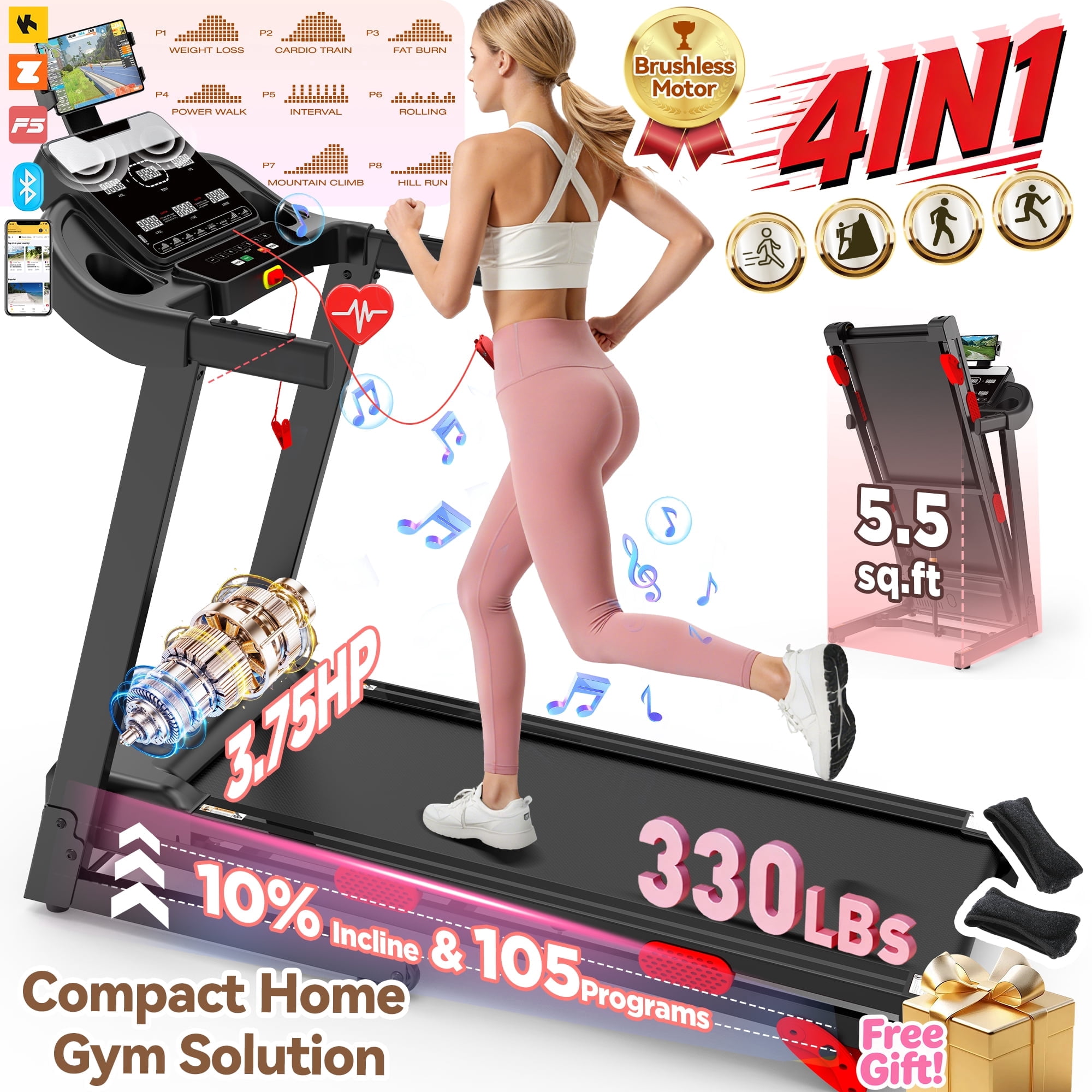 3.75HP Treadmill for Home, Foldable with 10% Incline,  Brushless motor, Free Courses, 105Training Programs, APP Connectivity, 330 lbs Capacity, 7.5MPH, Walking Jogging Exercise Machine, Knee Strap