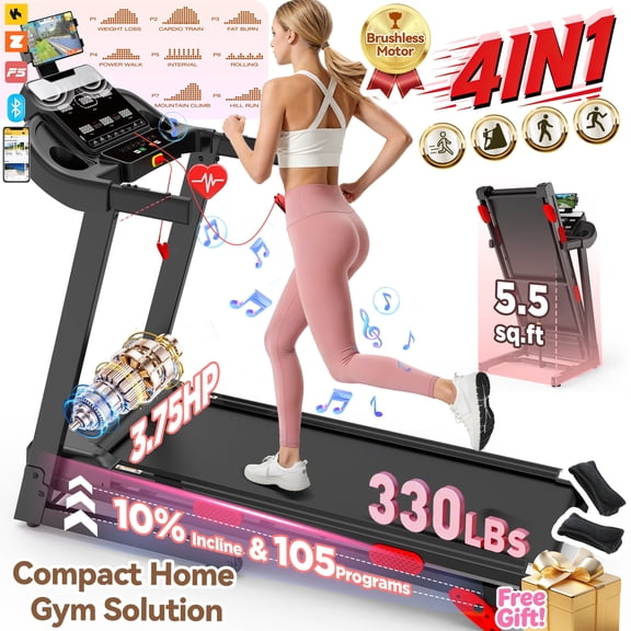 3.75HP Treadmill for Home, Foldable with 10% Incline, Brushless motor, Free Courses, 105Training Programs, APP Connectivity, 330 lbs Capacity, 7.5MPH, Walking Jogging Exercise Machine, Knee Strap