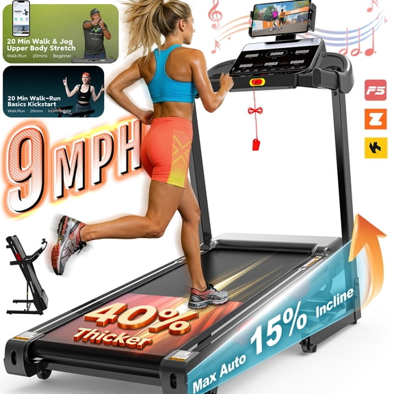 Folding Treadmill w/ 15% Auto Incline, 3.85HP Portable Treadmill 330LB Capacity, 105 Programs Treadmills for Home with APP Control, Bluetooth Speaker, LCD Display, Foldable Jogging Walking Treadmill