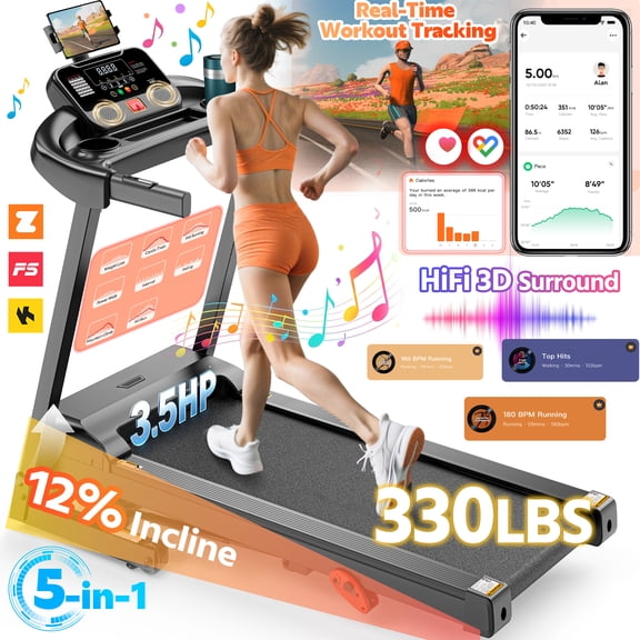 Folding Treadmill w/ Incline, 3.5HP Treadmill for Home w/ 330lb Capacity, 71 Programs