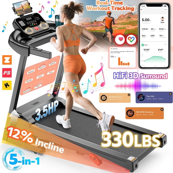 Folding Treadmill w/ Incline, 3.5HP Treadmill for Home w/ 330lb Capacity, 71 Programs