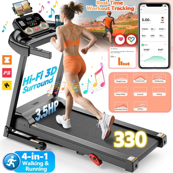 Folding Treadmill w/ Incline, 3.5HP Treadmill for Home w/ 330lb Capacity, 71 Programs