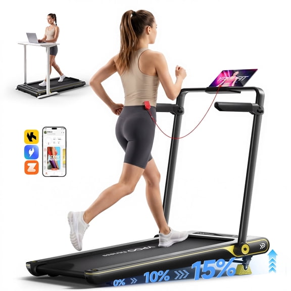 Folding Treadmill with 14% Incline, Walking Pad with 6.2 MPH for Home Running Walking, 300 lb Capacity, App & Remote Control