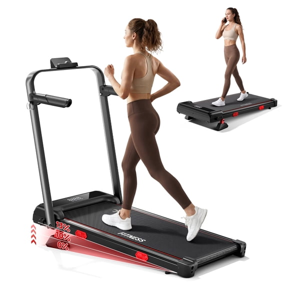Folding Treadmill with 16% Incline, Walking Pad with Adjustable Handlebars, 300 lb Capacity, Shock Absorbing Running Belt, No Assembly Required