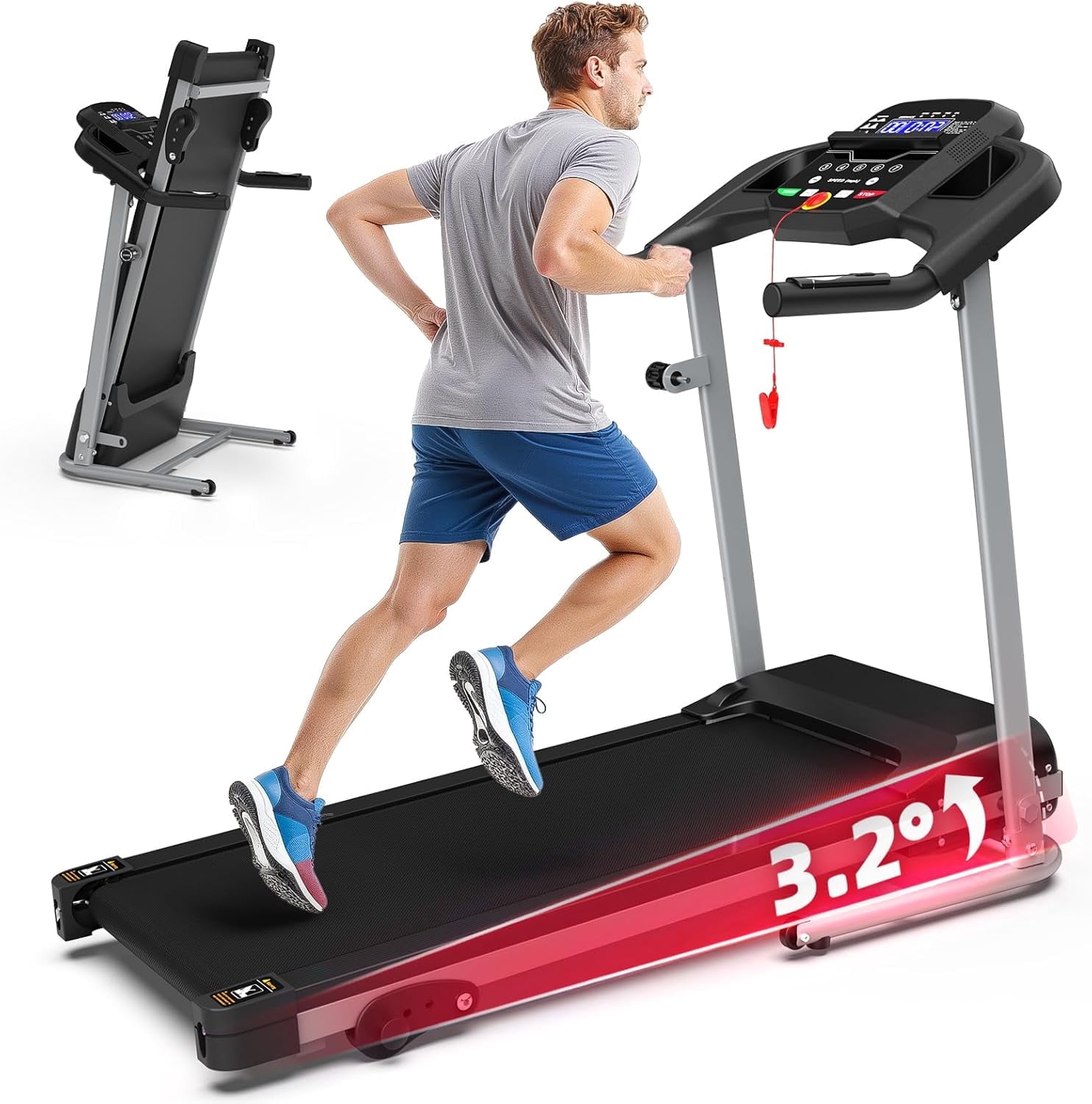 Folding Treadmill with Manual Incline, Fitness Workout Exercise Machine  LCD Screen, Shock-Absorbent Running Deck, Device Holder - Black