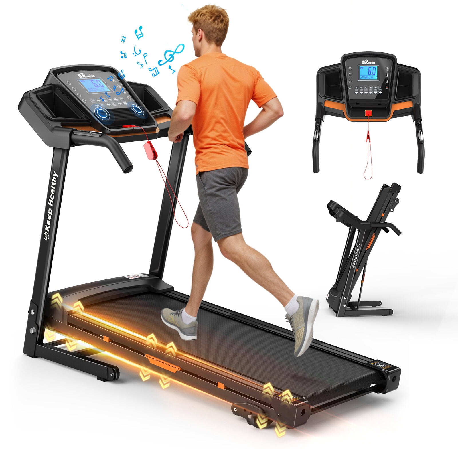 Folding Treadmills, Foldable Treadmill with Incline, Folding Treadmill for Home Electric Treadmill Workout Running Machine, Handrail Controls Speed, Pulse Monitor,APP, Black Running Machine