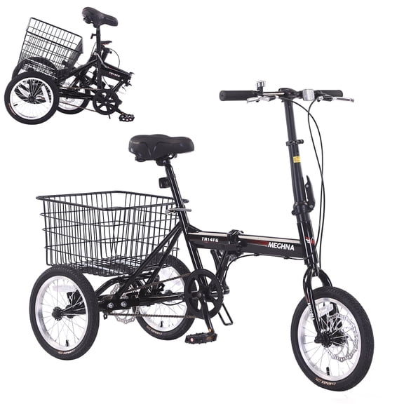 Folding Tricycle for Adults, 14 Inch 3 Wheel Bikes with Basket, 95% Pre-Assembled Collapsible Steel Frame 200 LBS Capacity, Adult Trike