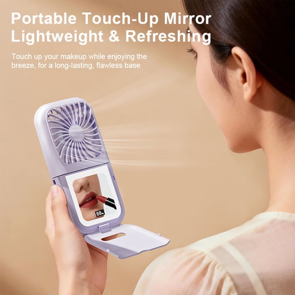 Folding USB Fan with Multifunctional Makeup Mirror and LED Light - Handheld & Neck-Hanging Design for Makeup, Travel & Daily Use - Portable Desktop Mirror Fan for Women with Quiet Operation