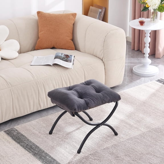 Folding Upholstered Footrest Stool, Modern Small Portable Accent Ottoman with Detachable Thick Cotton Cushion Padded Sofa Stool with Metal Frame for Lazy Chair, Living Room & Bedroom