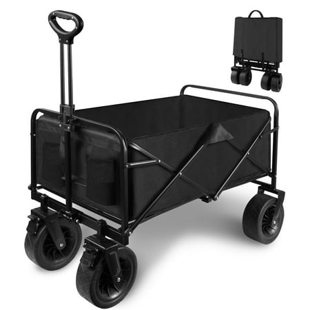 Folding Utility Camper Wagon Cart, Large Capacity Collapsible Garden Cart, Heavy Duty Beach Wagon for Camping, Picnic and Outdoor Activities, Black
