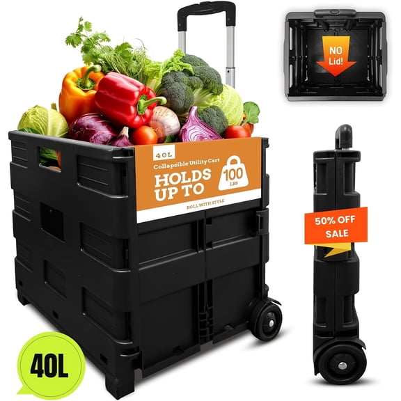 Folding Utility Cart 10.57/11.89/17.17gal with/without Lid, Collapsible Rolling Crate on 360° Rotate Wheels, Shopping Trolley Tool Box for Grocery, Office, Teacher & Luggage