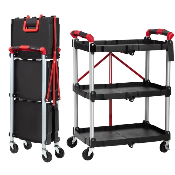 Folding Utility Cart 167 LBS Capacity, 3-Tier Rolling Storage Shelf – 23"x15" Portable Service Trolley for Kitchen, Office, Garage, Black & Red