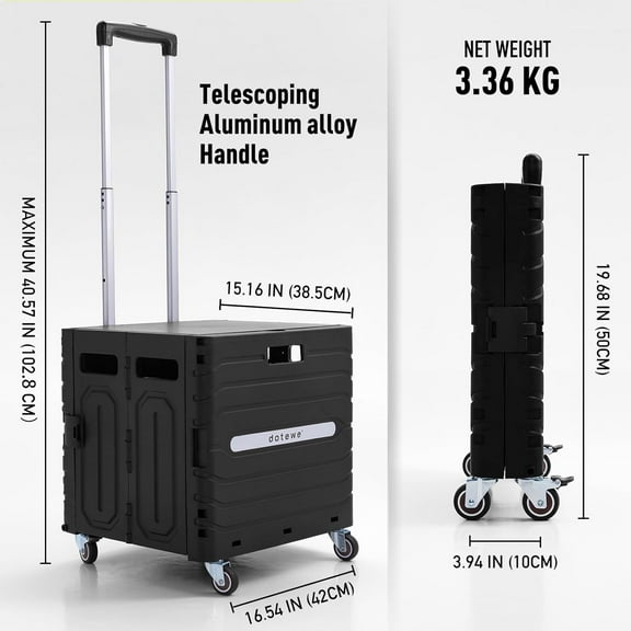 Folding Utility Cart - Black Portable Rolling Crate Handcart with Lid, Foldable Shopping Trolley for Grocery, Garden, Office, Storage, Teacher, Tool