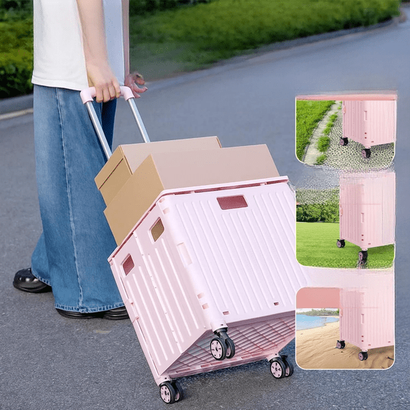 Folding Utility Cart, Foldable Rolling Crate Handcart with Lid, Portable Collapsible Shopping Trolley Tool Box, 4 Rotate Wheels for Grocery, Office, Travel, Teacher, Luggage, Pink$$Office