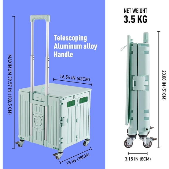Folding Utility Cart - Green, 4 Rotate Wheels, Collapsible Tool Box for Grocery, Shopping, Office, Camp, Teacher