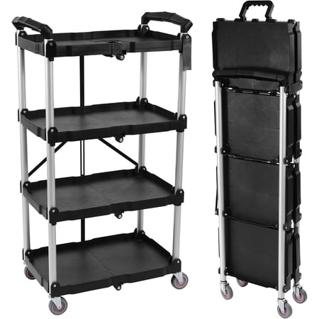Folding Utility Cart, Portable Collapsible Service, 4 Shelf Heavy Duty Collapsible Tool with Wheels, Suitable for Office Warehouse Home, Black