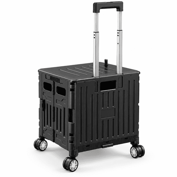 Folding Utility Cart,Portable Rolling Crate Handcart Collapsible Tool Box with Lid & Basket,4 Swivel Wheels, for Grocery,Office,Luggage,Teacher,Black