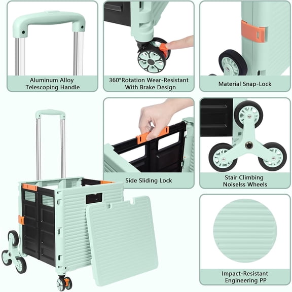 Folding Utility Cart Portable Rolling Crate Handcart with Stair Climbing Wheels & 360 ° Swivel Wheels Telescoping Handle Plastic Box Dolly for Travel Shop Move Office Teacher Use(Green)
