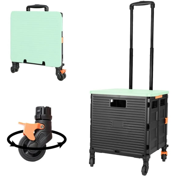 Foldable Utility Cart Folding Portable Rolling Crate Handcart with Durable Heavy Duty Plastic Telescoping Handle Collapsible 4 Rotate Wheels for Travel Shop Move Luggage Office